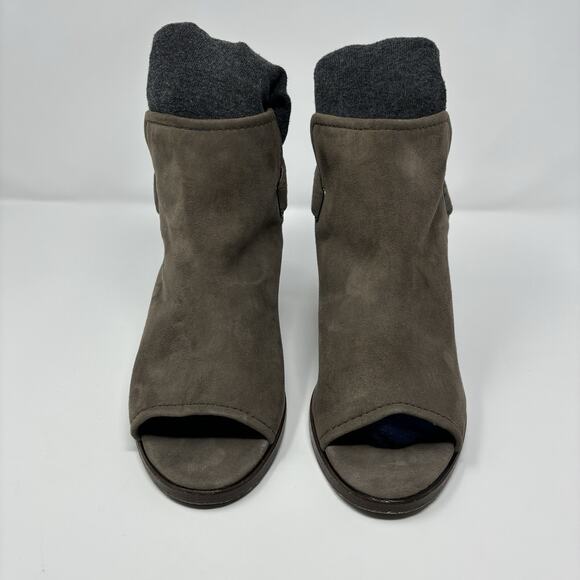 Frye Dani Shield Sling Gray Suede Peep Toe Heeled Sandal 11 Block Heel Shoe - Picture 2 of 16